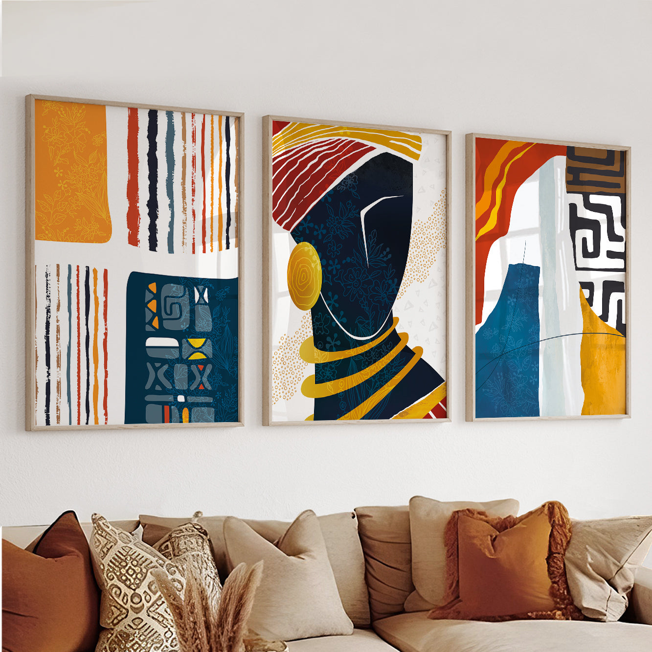 Vibrant African Abstract Art Set of 3 – Colorful Black Woman Prints for Wall Decor