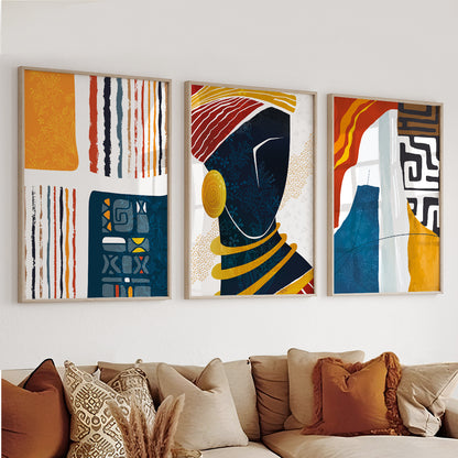 Vibrant African Abstract Art Set of 3 – Colorful Black Woman Prints for Wall Decor