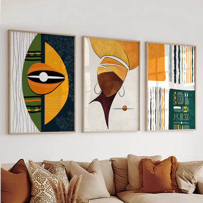 Extra large modern abstract African American art set, 3 colorful ethnic prints for home decor and gifts