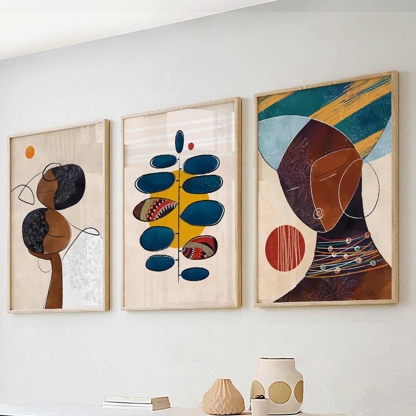 Modern abstract black couple art set – colorful African American wall prints, contemporary bedroom decor