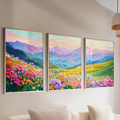 Mountain Wild Flowers Landscape Art Set of 3 – Colorful Boho Wall Decor for Aesthetic Room