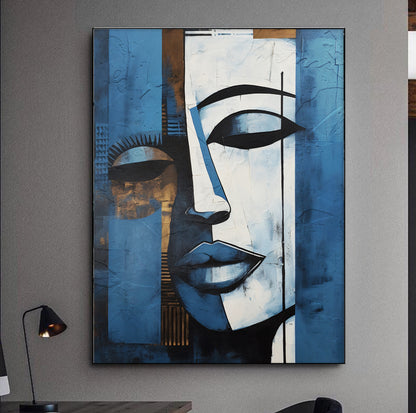 Contemporary African American woman portrait – navy blue grey abstract painting, minimalist decor