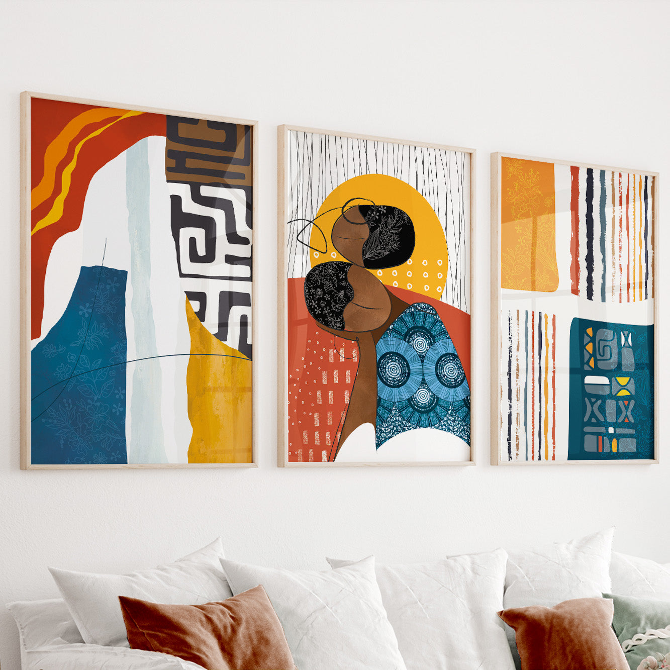 African American Art Set of 3 Prints: Abstract Black Woman, Ethnic Gallery Wall, Modern Colorful Above Bed Art