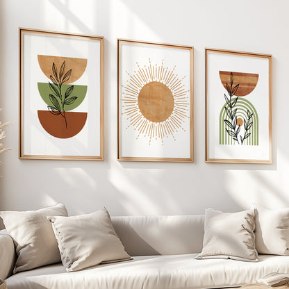 Terracotta green boho gallery wall set of 3. Mid century modern neutral gallery wall set poster. Bohemian livingroom, above bed large prints