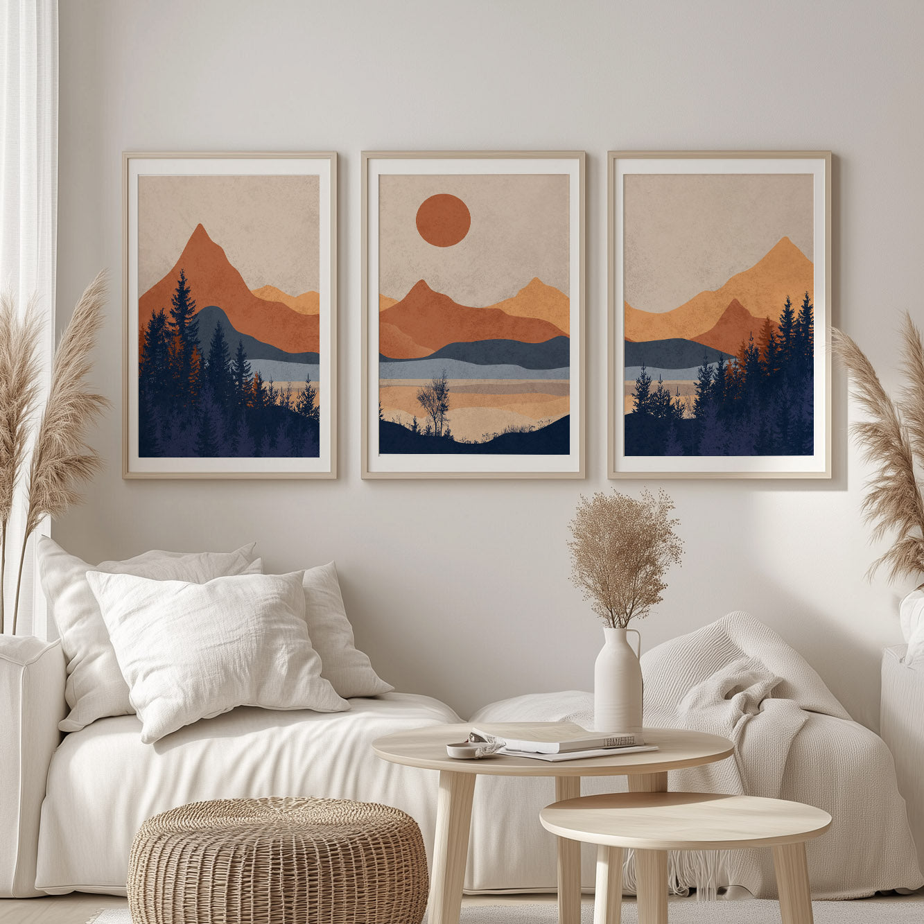 Modern Minimalist Mountain Prints Set of 3 – Bright Terracotta Blue Abstract Landscape Wall Art