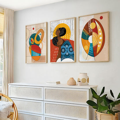 Abstract ethnic African art set of 3 prints, modern African American woman portrait for gallery wall