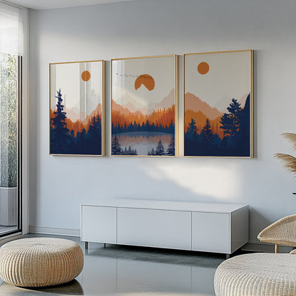 Abstract Mountain Wall Art Set of 3 – Modern Orange Deep Blue Landscape, Housewarming Gift