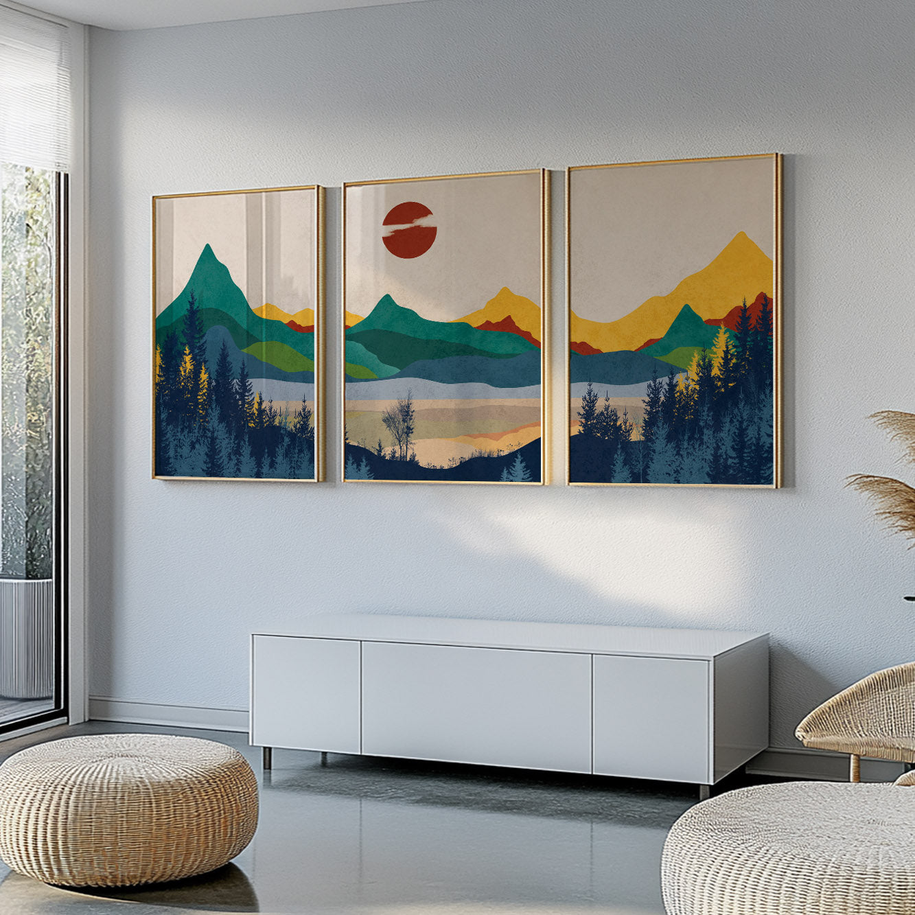 Mid Century Modern Abstract Mountain Prints Set of 3 – Colorful Minimalist Boho Landscape Posters