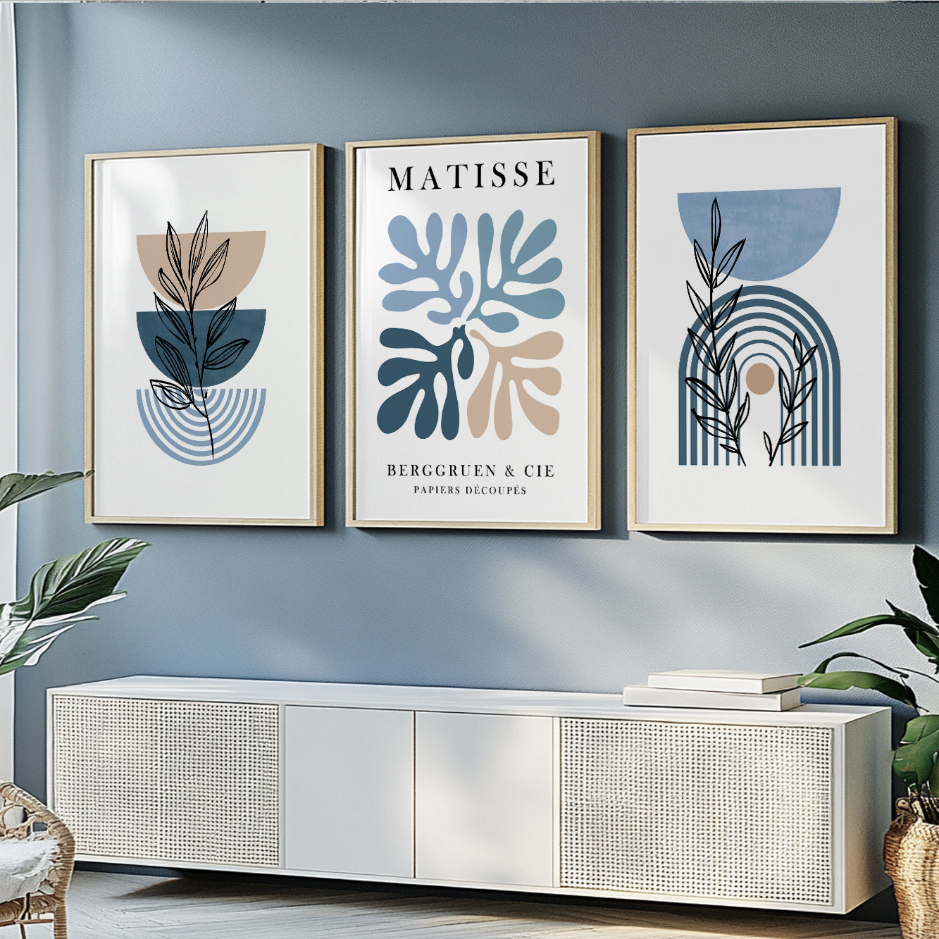 Set of 3 Matisse wall art. Mid century modern neutral above bed art. Trendy botanical print, large gallery wall set for living room, bedroom