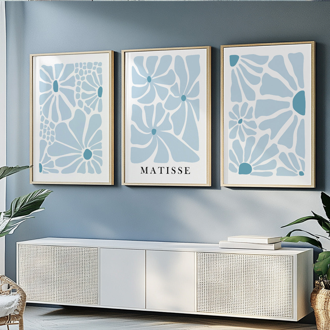 Neutral blue Matisse flower set of 3 print. Light natural minimalist mid century gallery wall set, vintage trendy bedroom wall art prints