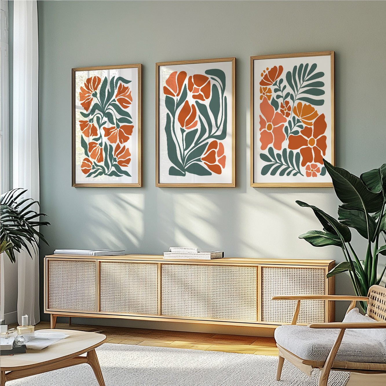 Boho floral set of 3 print. Light Terracotta minimalist botanical mid century gallery wall set, vintage trendy bedroom wall art prints