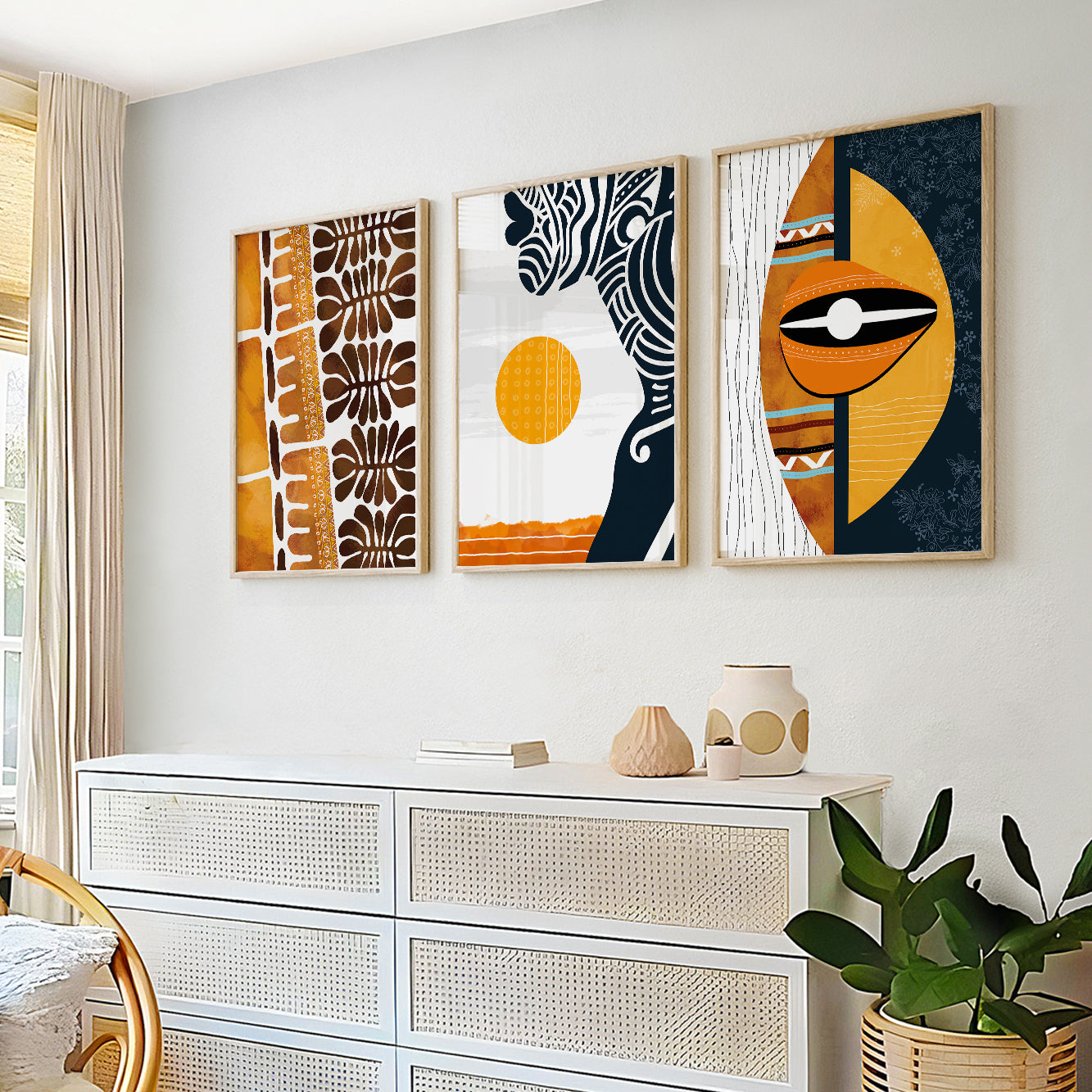 Abstract African American art set of 3, modern black woman portrait posters for trendy bedroom