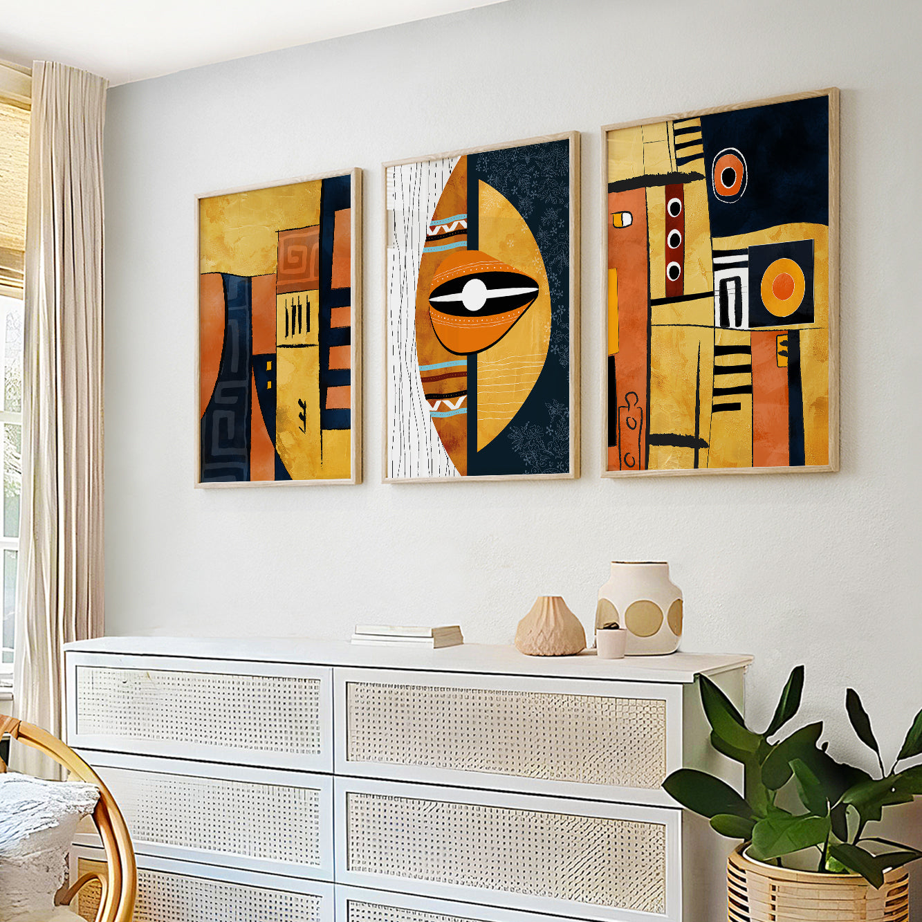 Modern abstract African wall art set of 3, ethnic gallery prints for stylish above bed decor