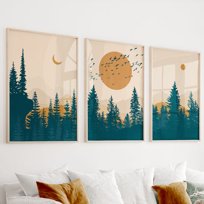 Mountain Wall Art Gallery Wall Set of 3 Prints – Mid Century Modern Living Room Abstract Terracotta Deep Blue Landscape Posters