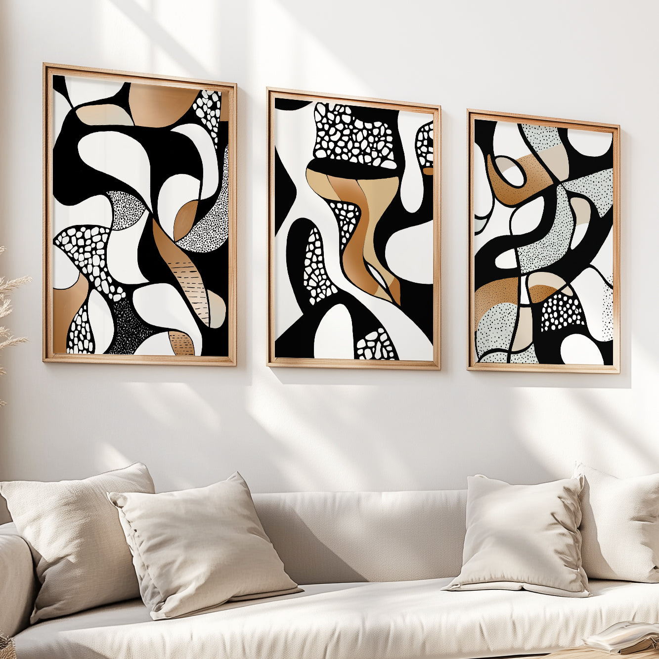 Abstrakte Wandkunst 3er Set – Geometrische nordische Schwarz-Weiß-Beige-Kunst