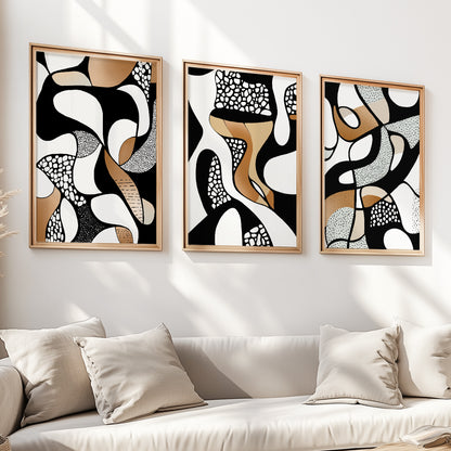 Abstrakte Wandkunst 3er Set – Geometrische nordische Schwarz-Weiß-Beige-Kunst