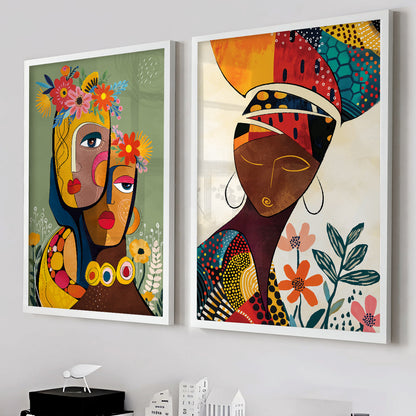 Abstract black woman portrait art set of 2, colorful boho-style African American prints with flowers