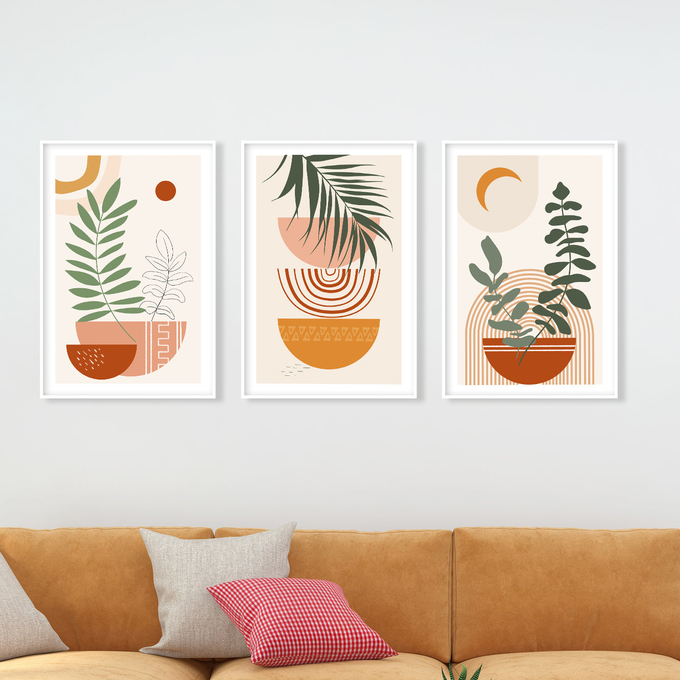 Terracotta beige boho print set of 3. Mid century modern neutral wall art posters. Bohemian livingroom, above bed large gallery wall art