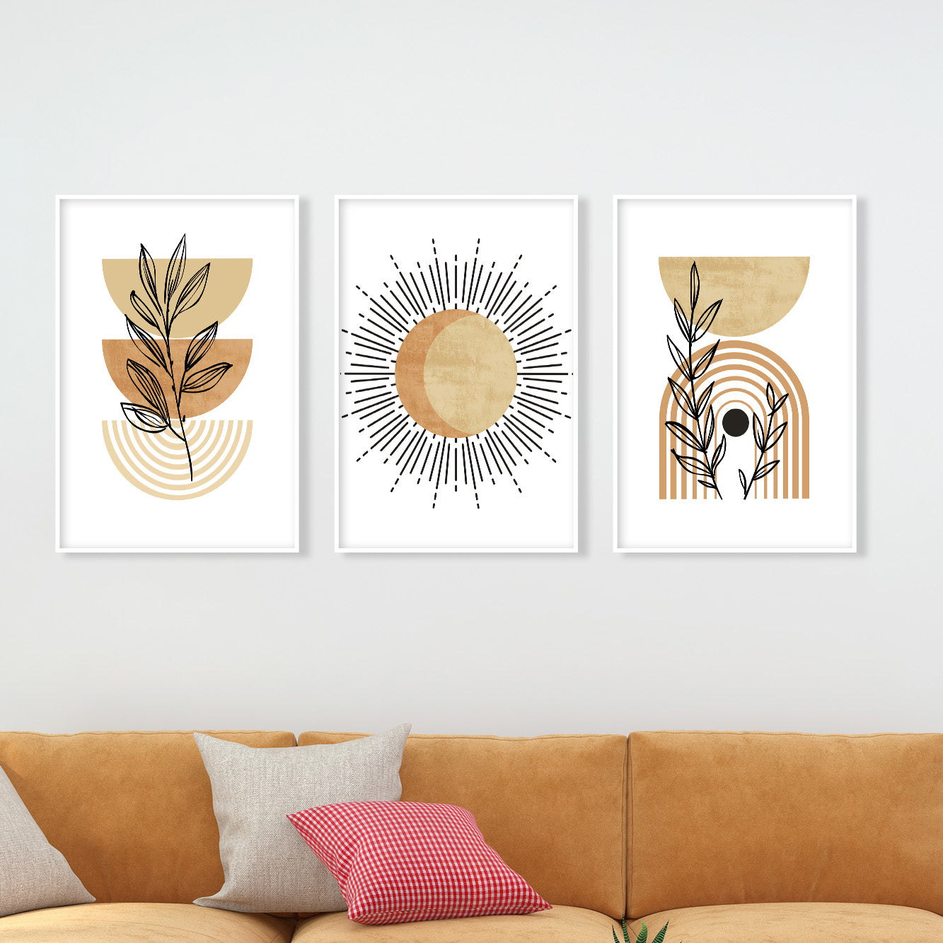 Terracotta beige boho wall art set of 3 print. Mid century modern wall art posters. Neutral above bed art, large gallery wall set