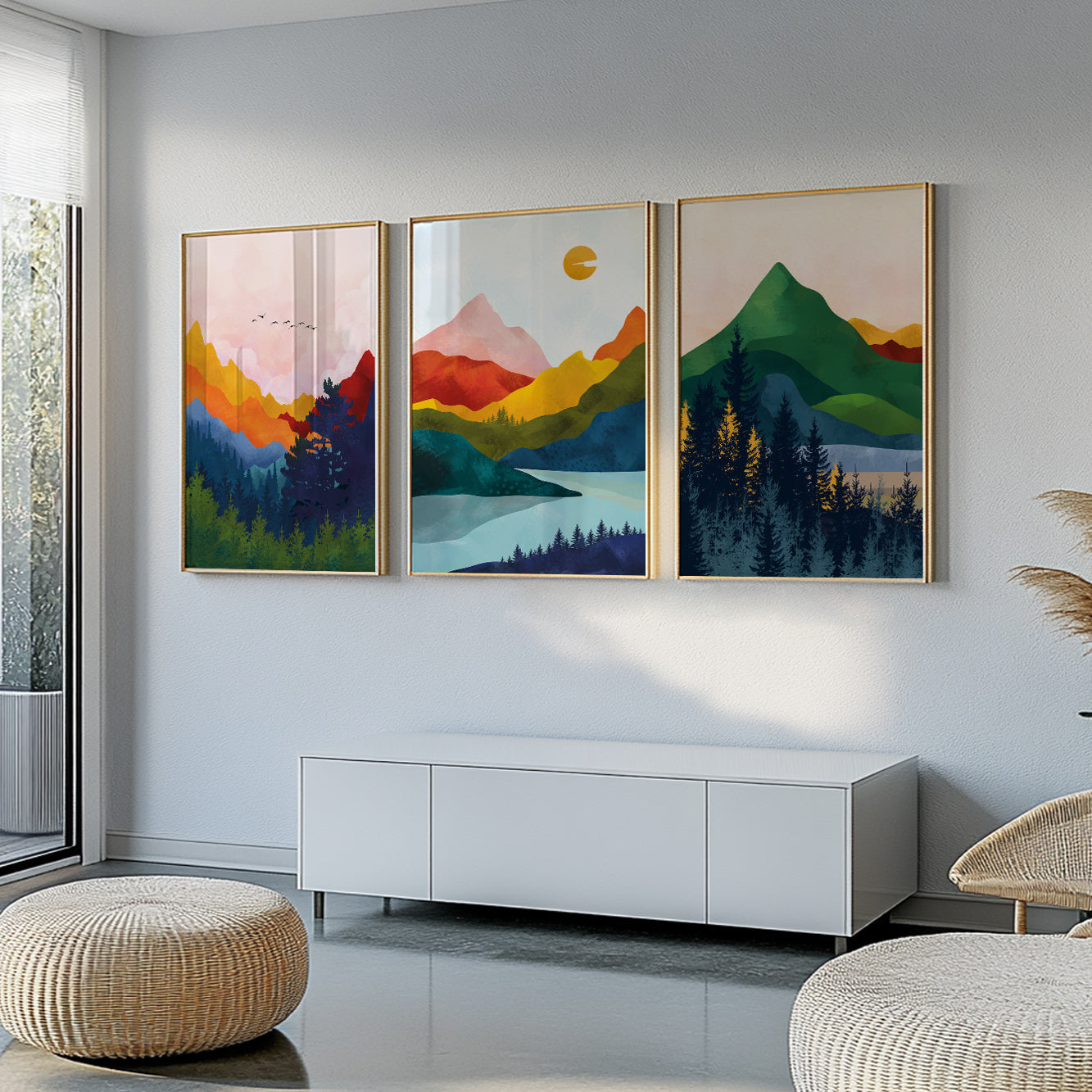 Abstract Vibrant Mountain Print Set of 3 – Scandinavian Colorful Modern Nordic Landscape Gallery Art