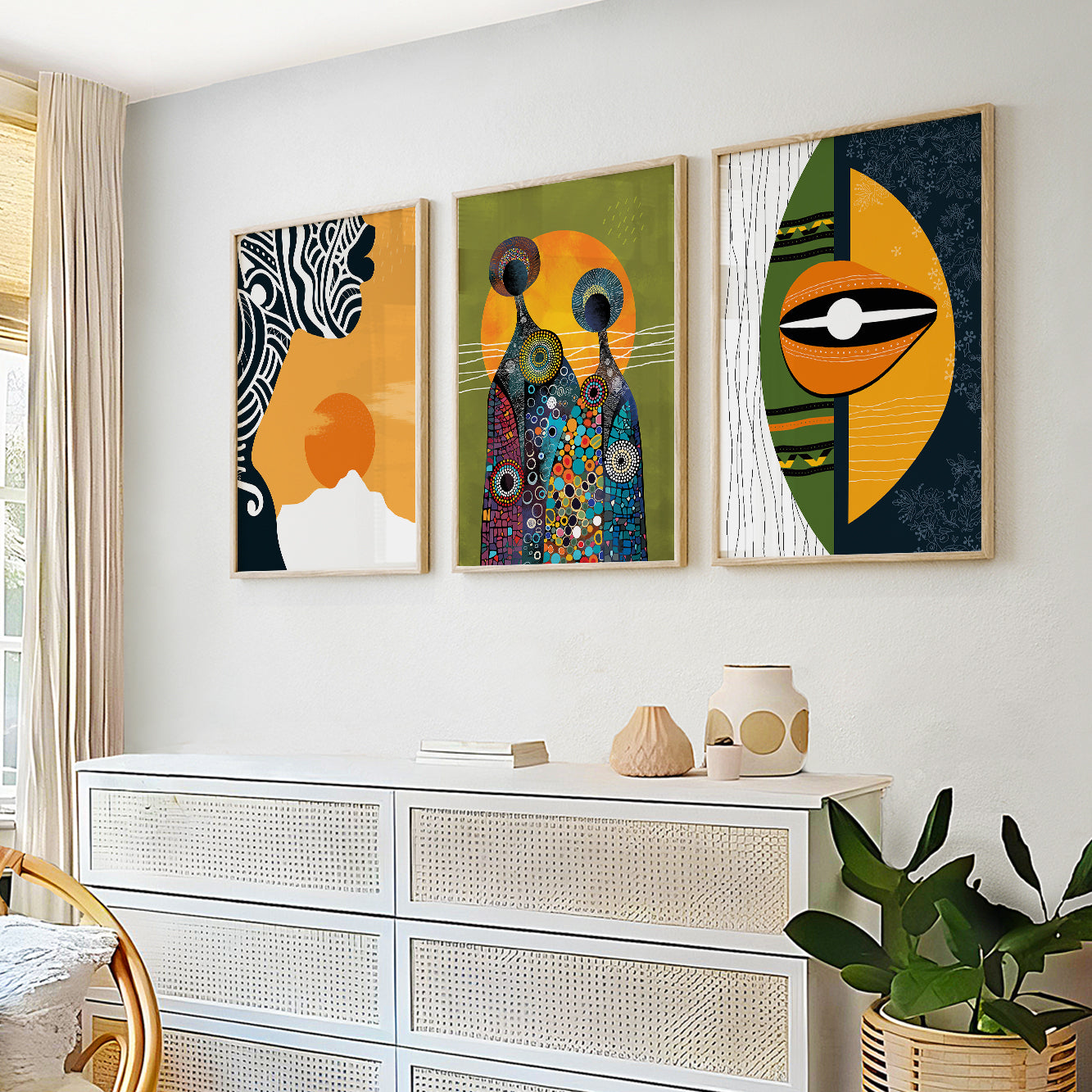 Set of 3 colorful tribal black woman art prints, bright abstract African wall decor