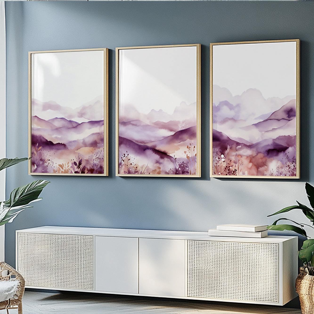 Lilac Minimalist Mountain Prints Set of 3 – Modern Watercolor Nature Wall Art, Gallery Decor