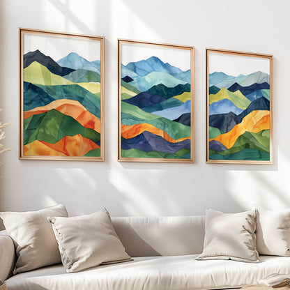 Large Abstract Mountain Wall Art Set of 3 – Colorful Mid Century Modern Prints for Aesthetic Decor