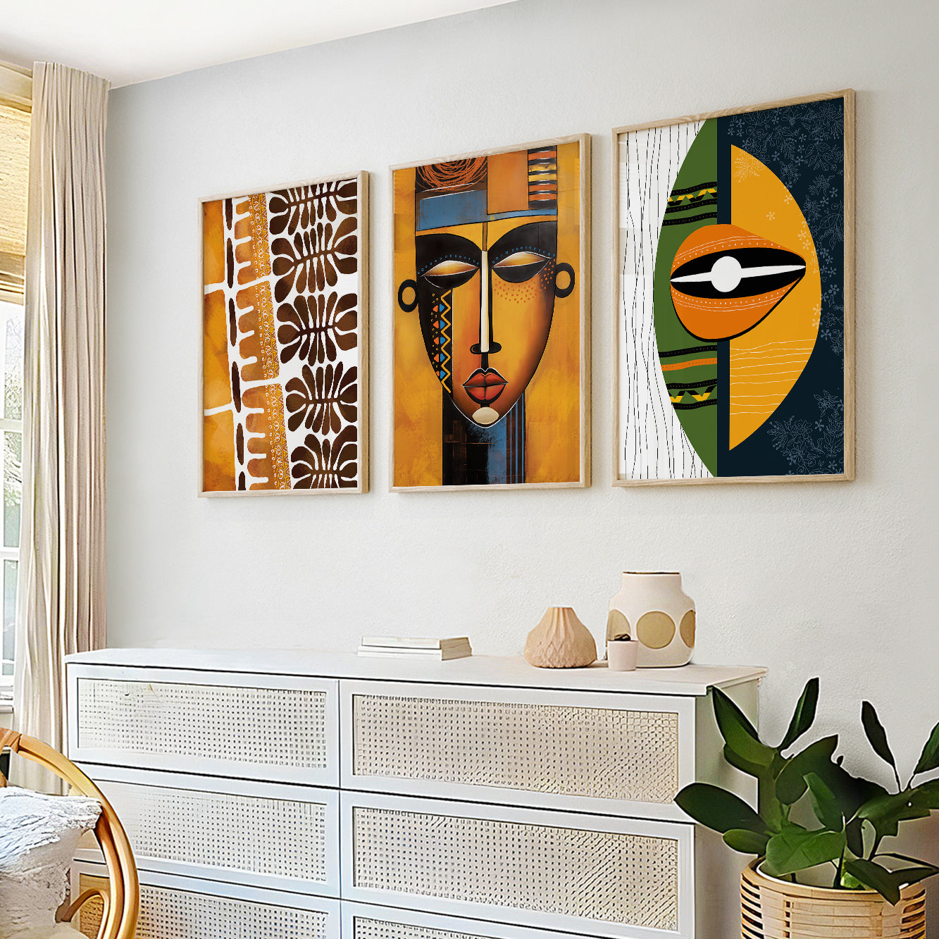 Colorful Abstract Ethnic Art Set of 3 – Modern African Wall Art for Minimalist Room Decor