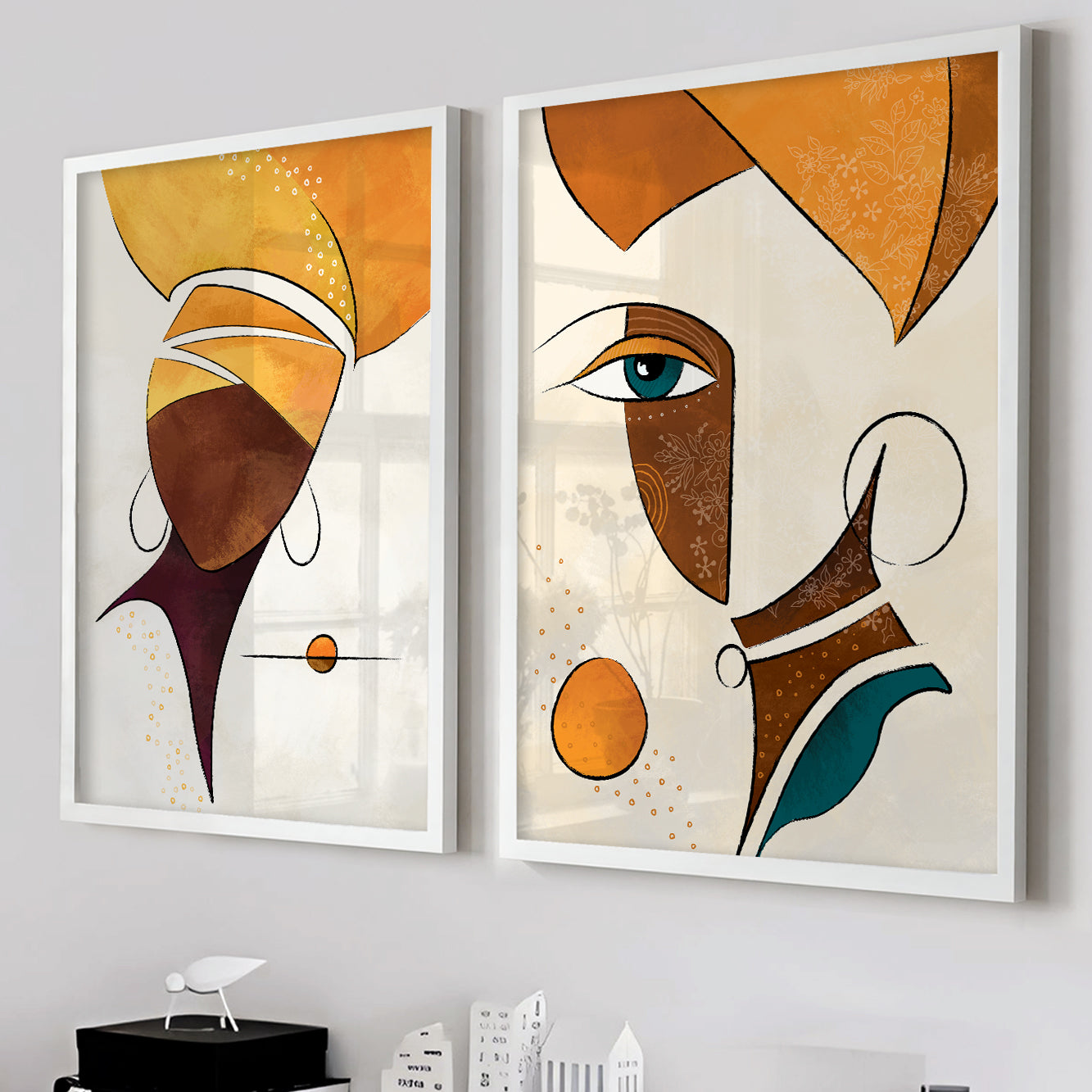 Modern minimalist African American art set, abstract black woman portraits for iving room decor