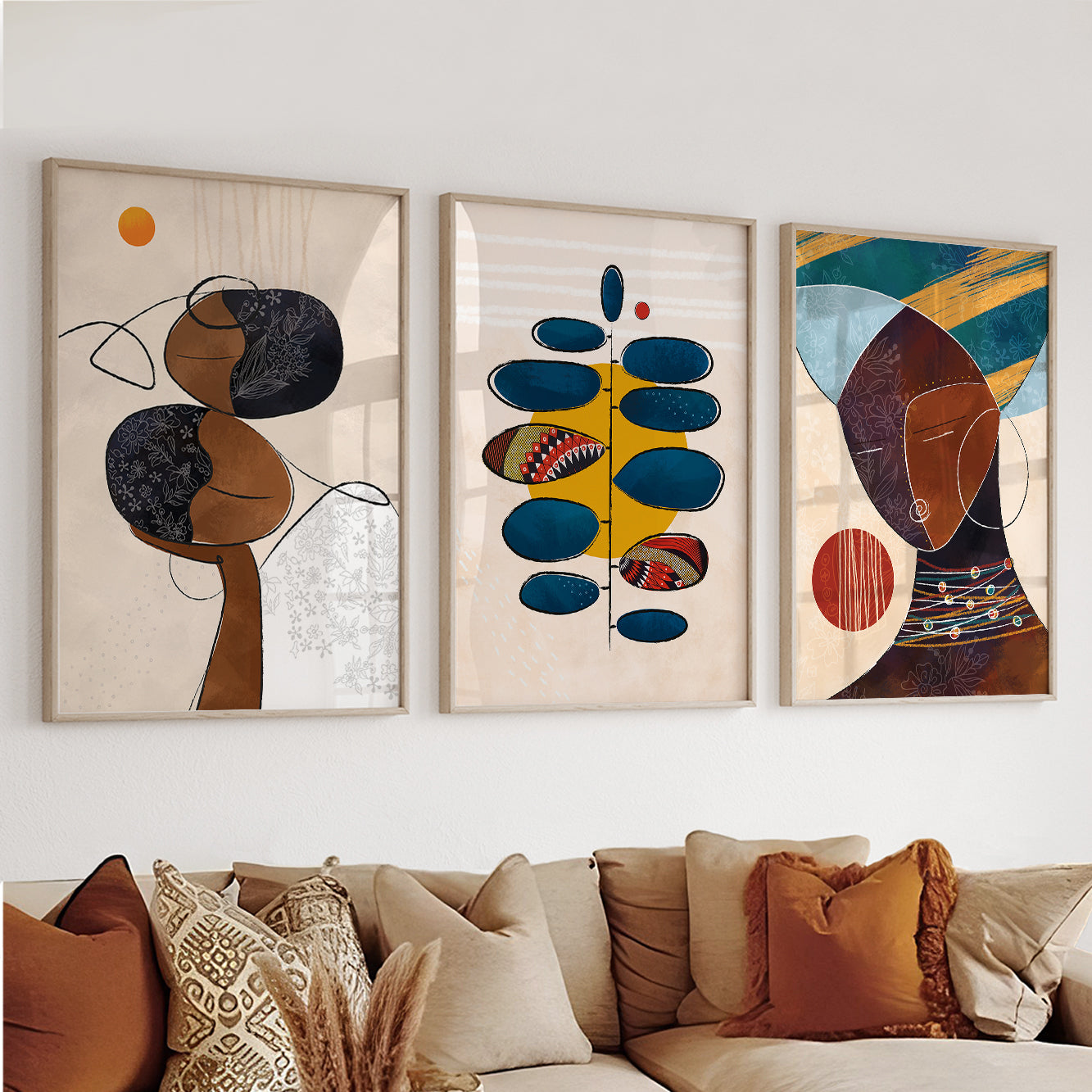 Colorful African American abstract art set of 3 – ethnic black couple minimalist bedroom wall art