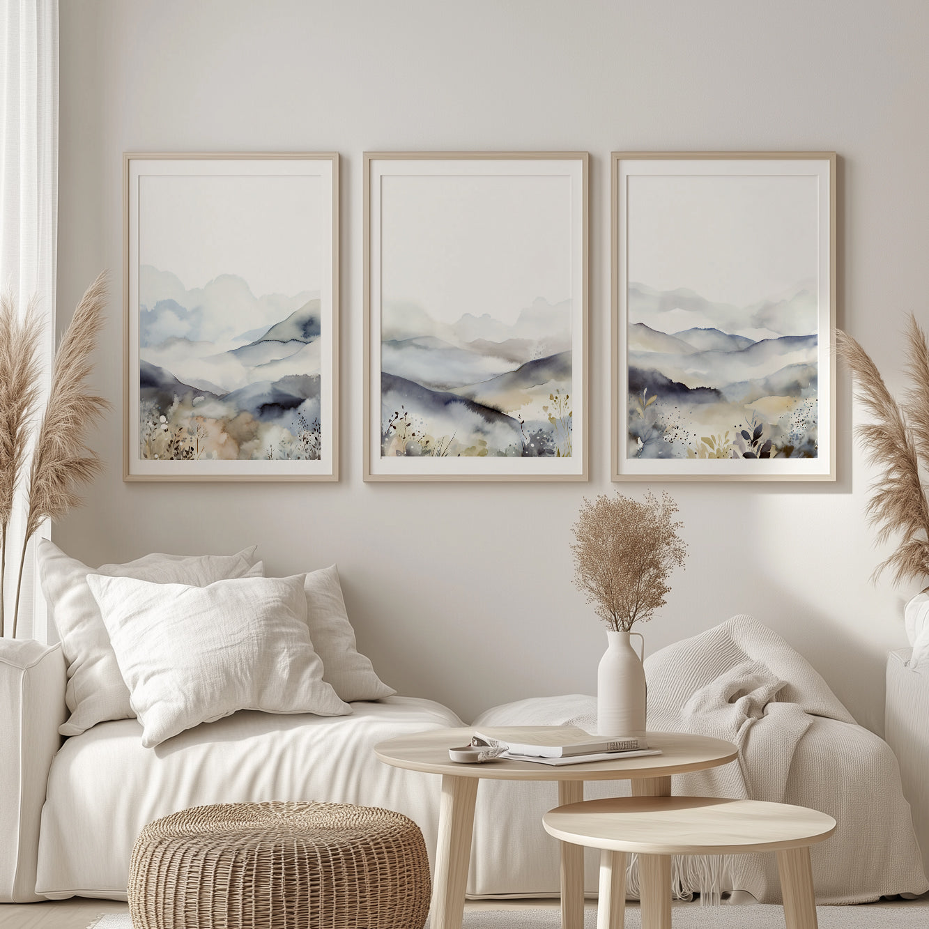 Neutral Abstract Mountain Set of 3 – Mid-Century Minimalist Art