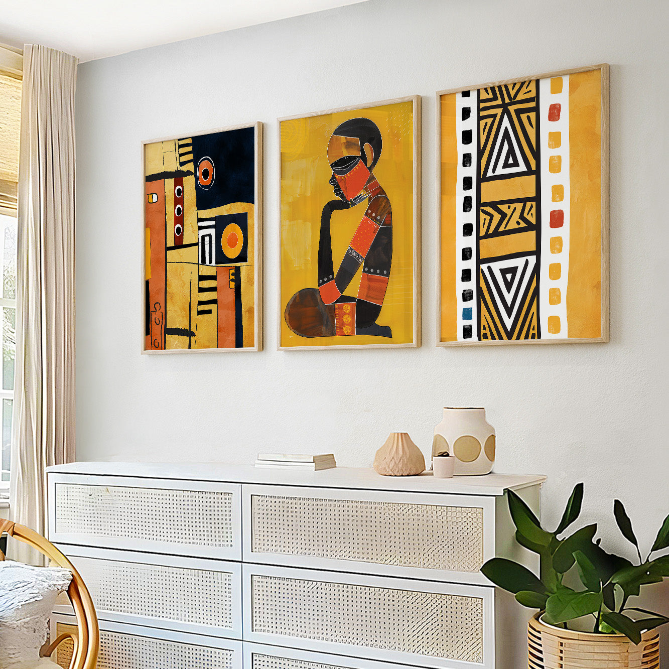 Mustard African art set, 3 vibrant abstract prints for modern ethnic living room wall decor