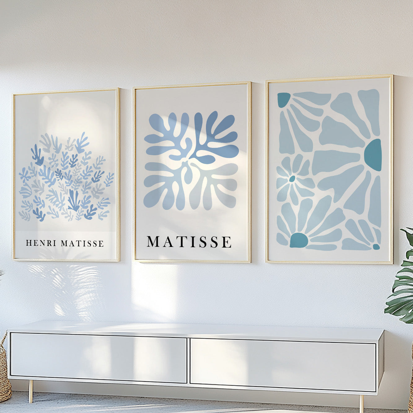 Blue Matisse set of 3 prints. Neutral minimalist mid century gallery wall set, vintage trendy Henri Matisse print, livingroom posters