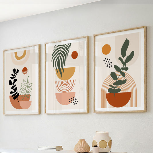 Terracotta and beige boho wall art set of 3 prints for bedroom or living room, mid-century modern neutral gallery decor