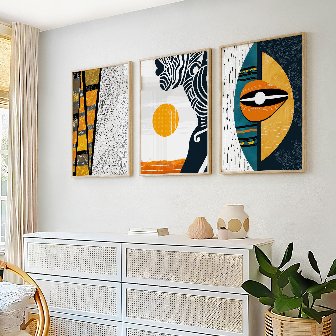 Abstract African art set of 3, black woman portrait prints for contemporary aesthetic room decor