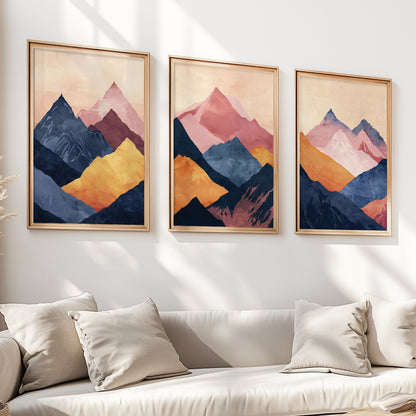 Colorful Abstract Mountain Wall Art Set of 3 – Navy Blue Pink Nature Poster Decor