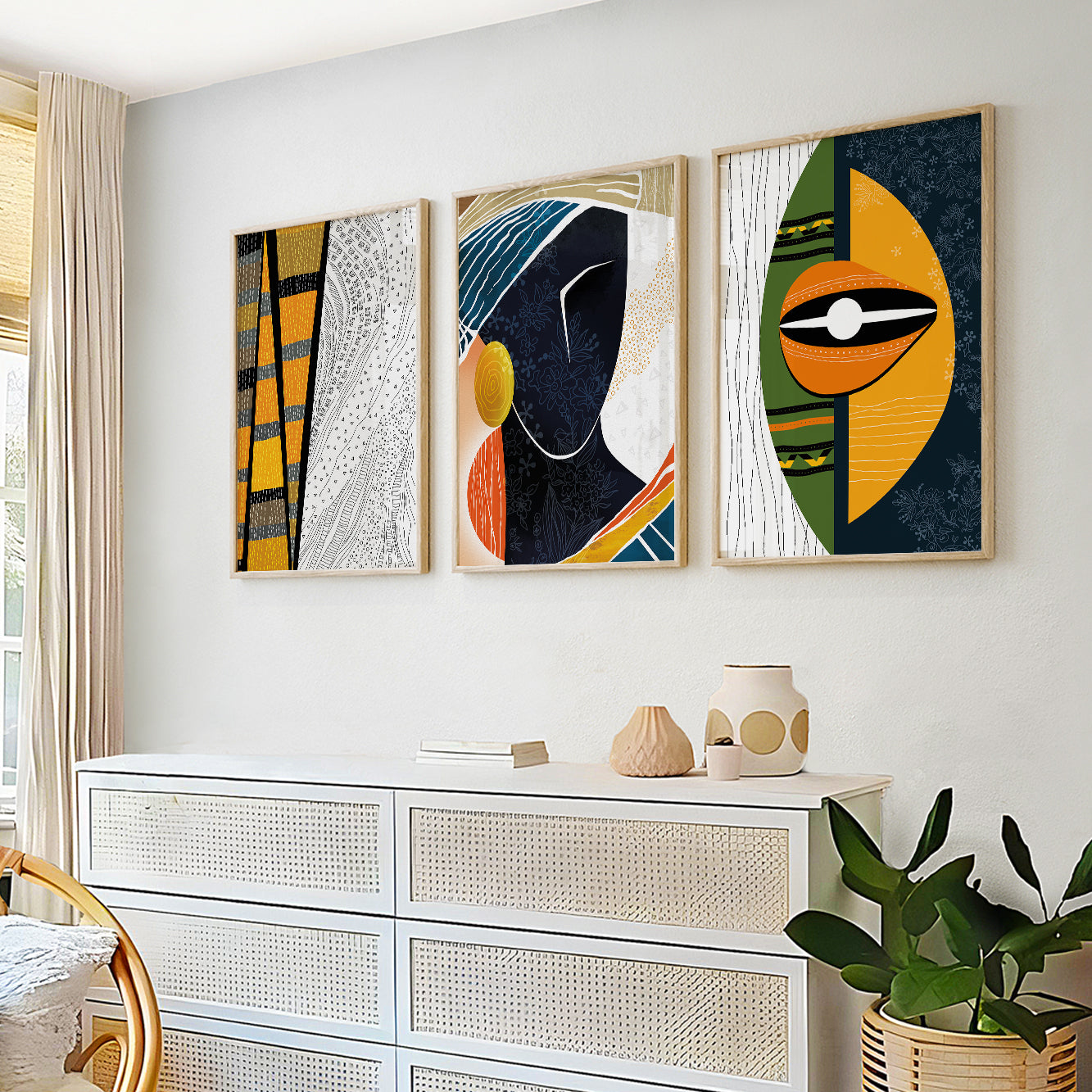 Contemporary black woman portrait prints – modern African American abstract art set of 3 for room decor