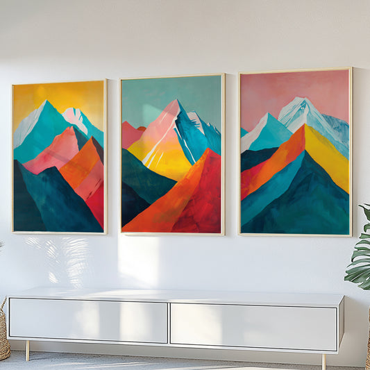 Abstract Colorful Mountain Wall Art Set of 3 – Minimalist Landscape Posters for Vibrant Home Decor