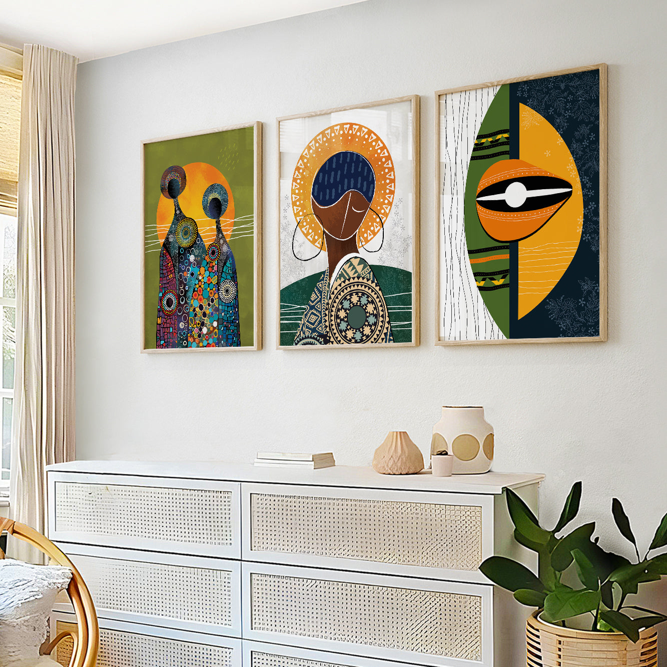 Vibrant abstract African American art set of 3, ethnic women gallery wall for contemporary home or apartment