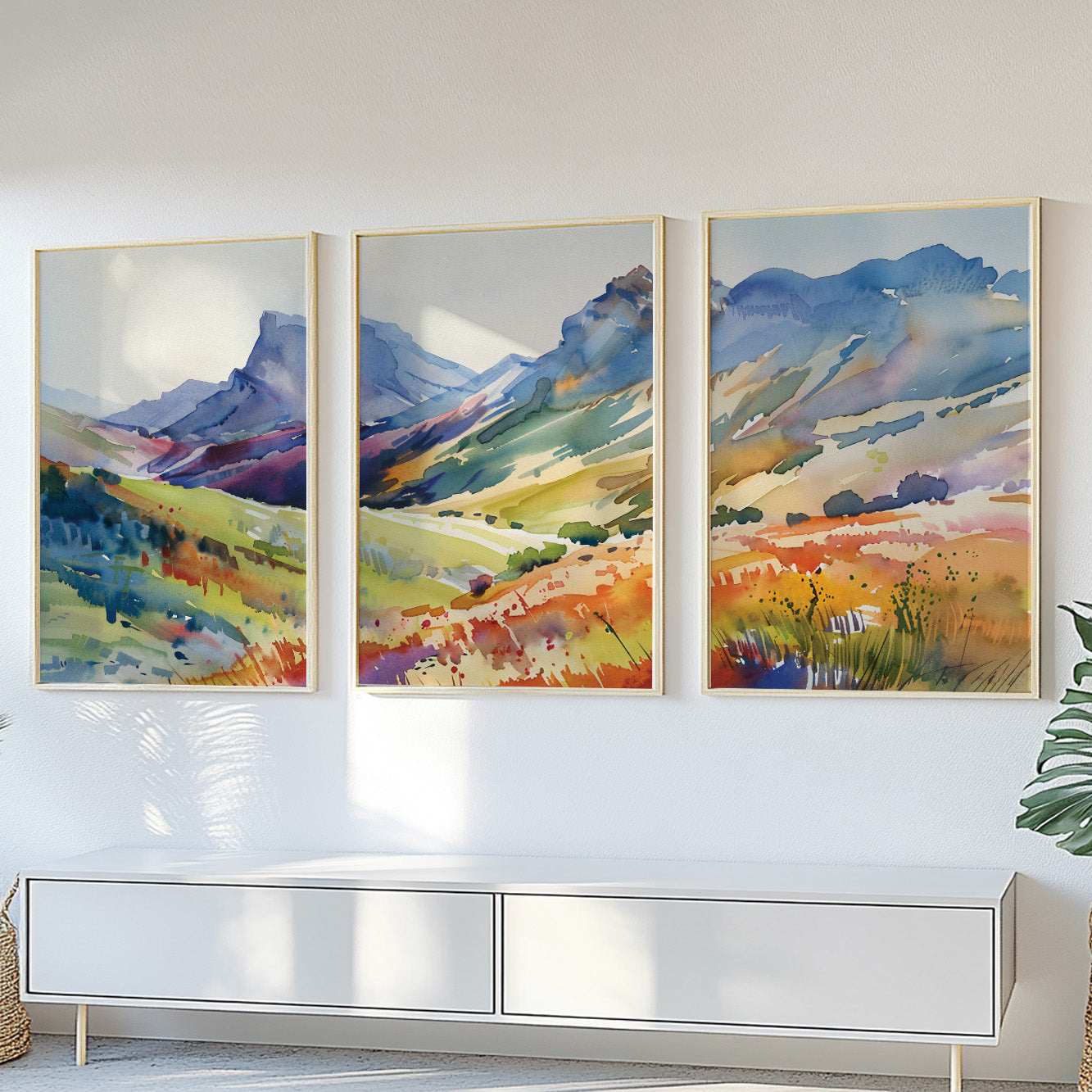 Bright Colorful Mountain Wall Art Set of 3 – Minimalist Abstract Landscape Posters