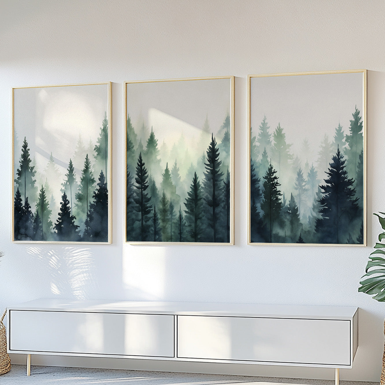 Nature-Inspired Mountain Wall Art Set of 3 – Foggy Pine Trees and Forest Landscape Posters