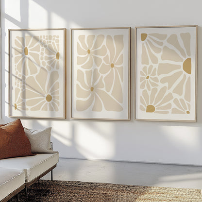 Neutral Beige Flower Set of 3 – Minimalist Mid-Century Vintage Art