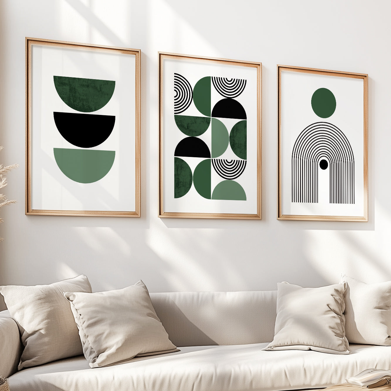 Set of 3 mid century modern art prints. Green boho print