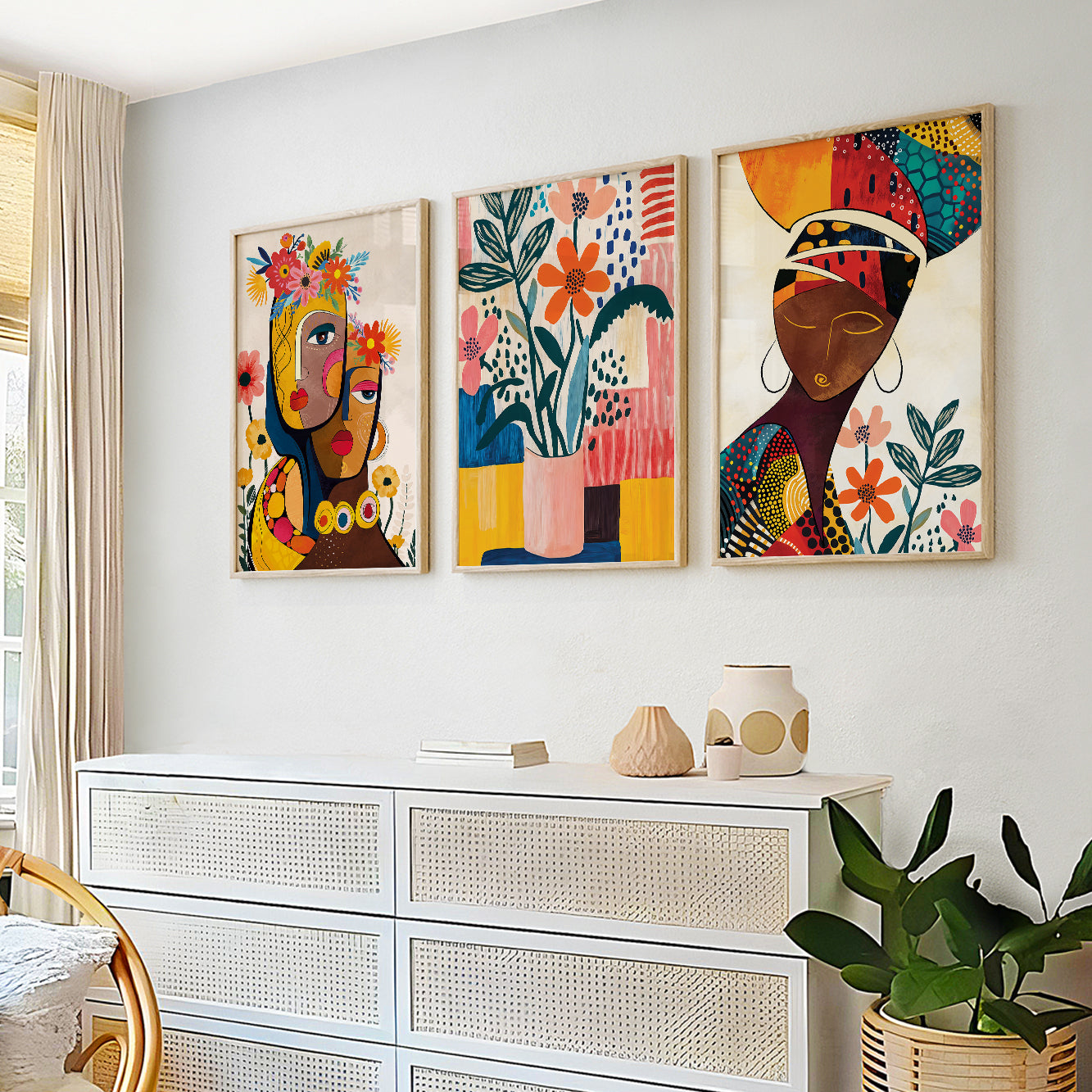 Set of 3 colorful boho African prints, modern nature posters for chic and vibrant room decor