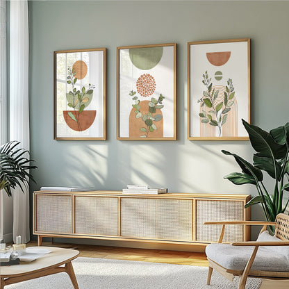 Terracotta green boho gallery wall set of 3. Mid century modern neutral wall art poster. Bohemian livingroom, above bed large prints