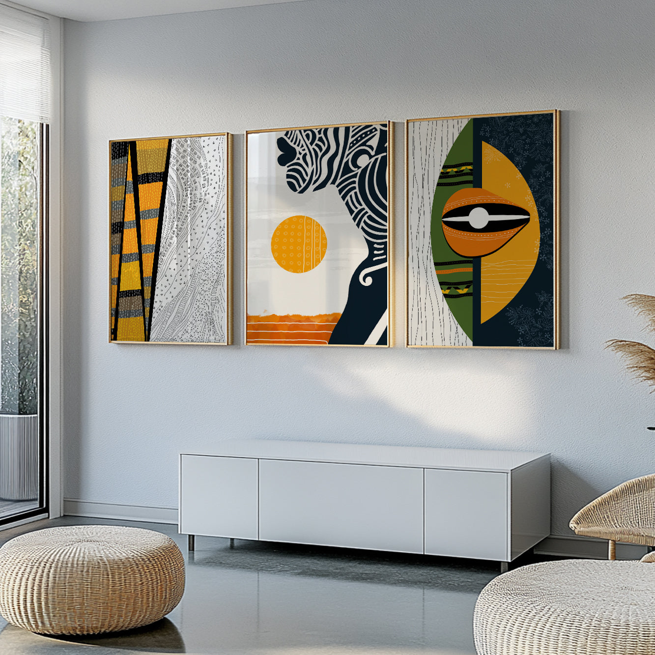 Vibrant abstract African American art set, 3 black woman portrait for ethnic decor