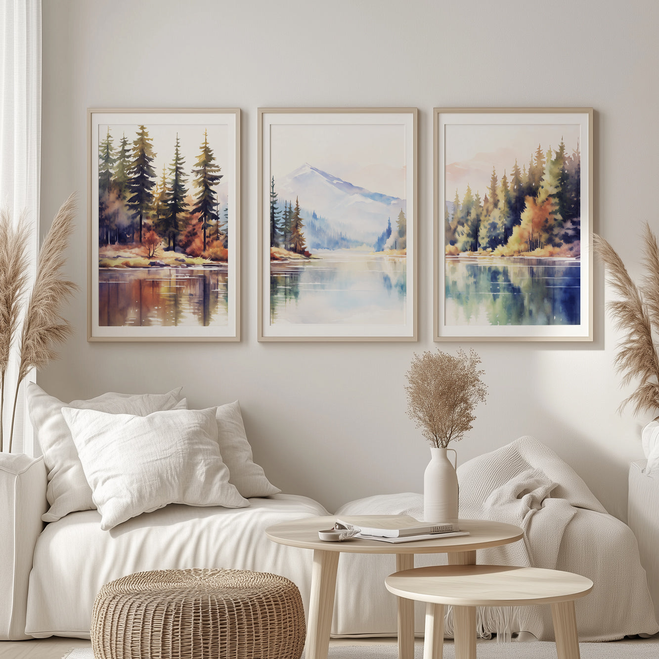 Mountain Lake and Forest Landscape Set of 3 Prints – Neutral Nature Wall Art for Aesthetic Rooms