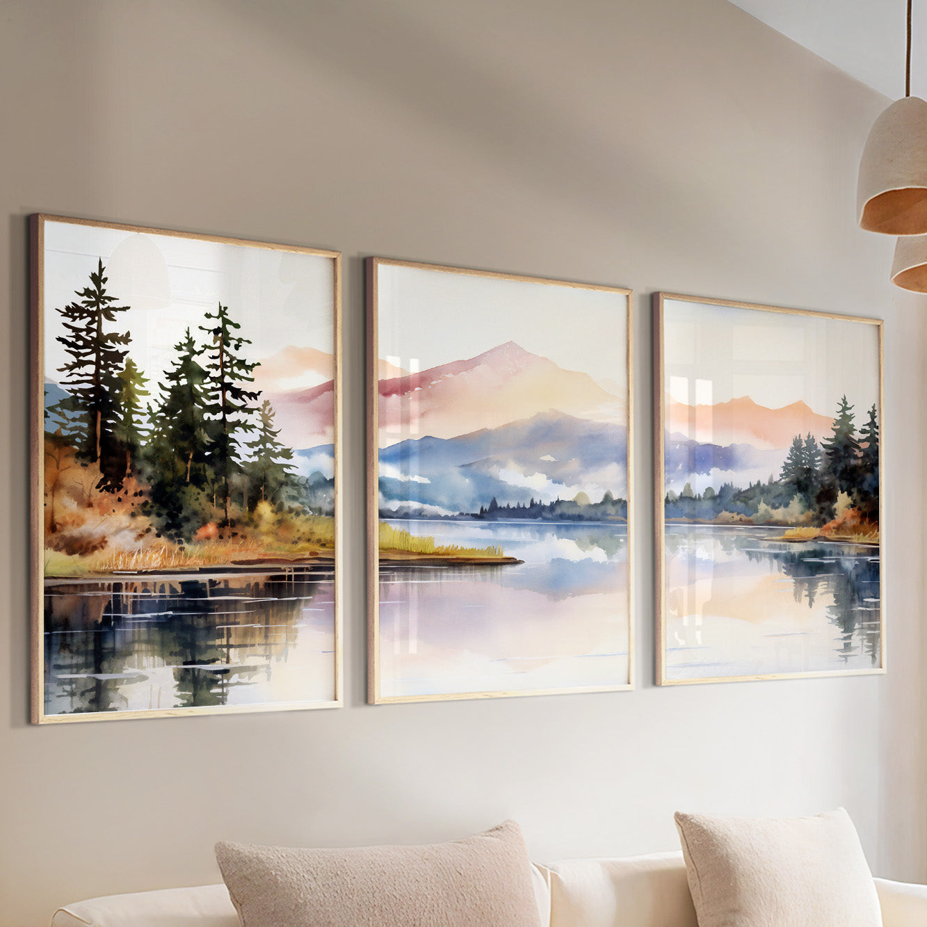 Pastel Mountain Wall Art Set – Eclectic Forest Lake Landscape Posters for Room Decor