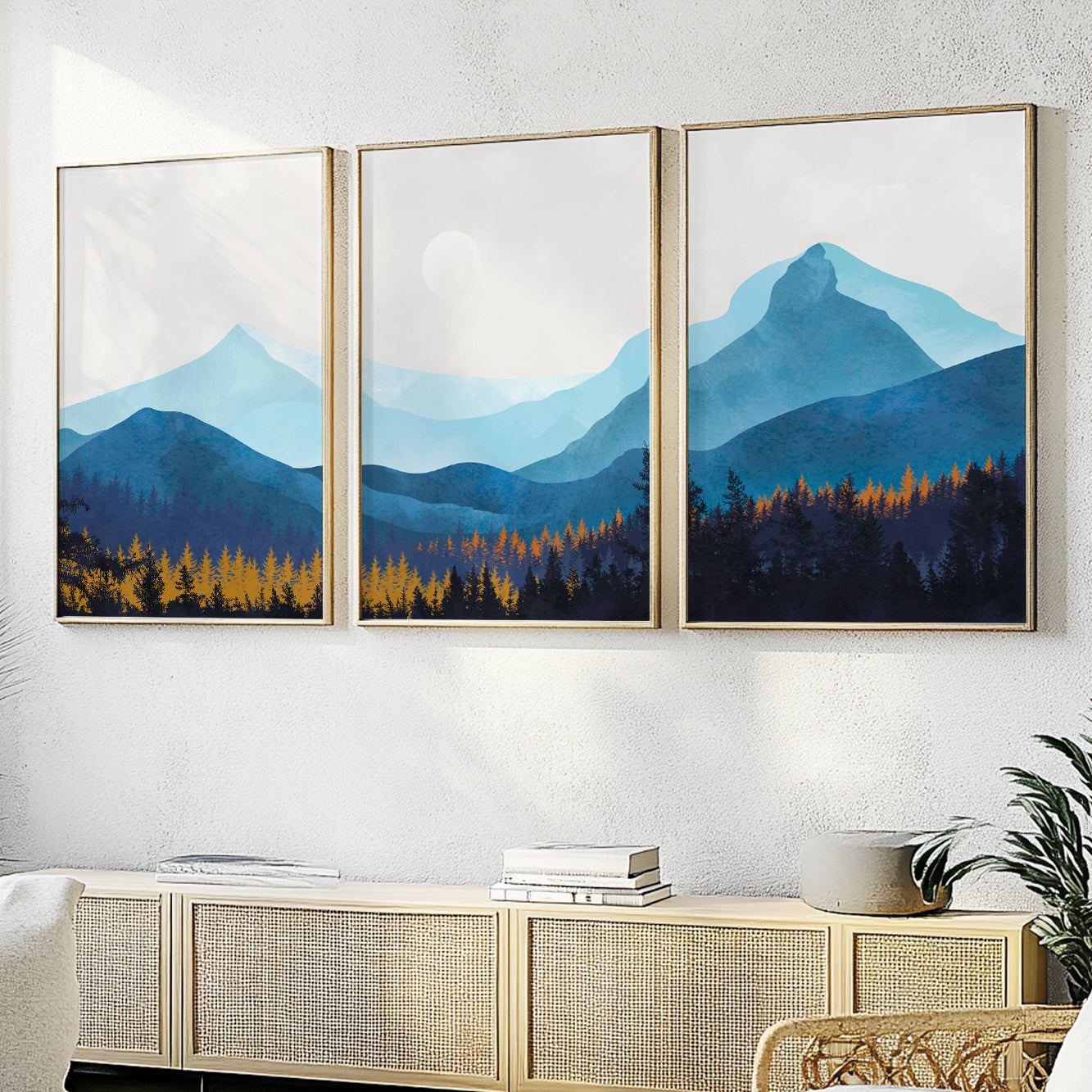 Set of 3 Navy Blue Mountain Wall Art – Scandinavian Style Landscape Prints