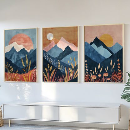 Mid Century Boho Mountains Wall Art Set of 3 – Colorful Prints for Bedroom Decor